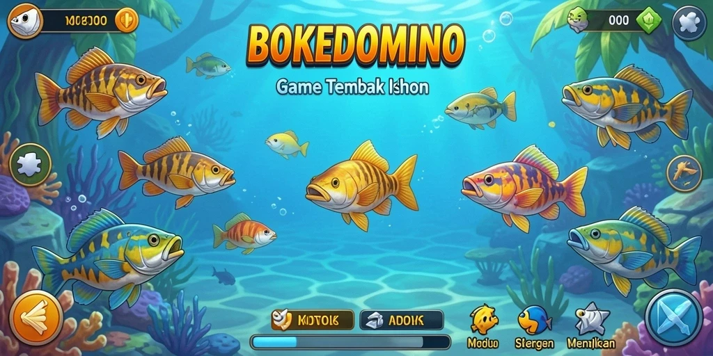 Screenshot gameplay BOKEDOMINO menampilkan aksi seru saat menembak ikan.