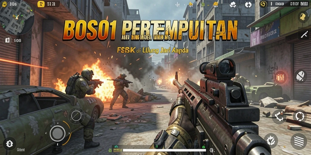 Screenshot utama BOS01 menunjukkan gameplay tembak-menembak yang intens.