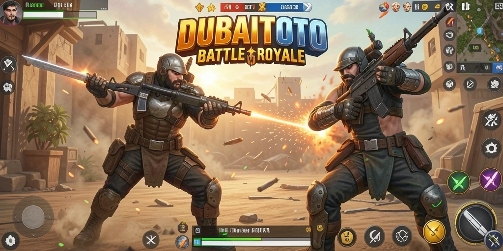 Screenshot DUBAITOTO menunjukkan aksi Battle Royale yang mendebarkan dengan pertempuran intens.