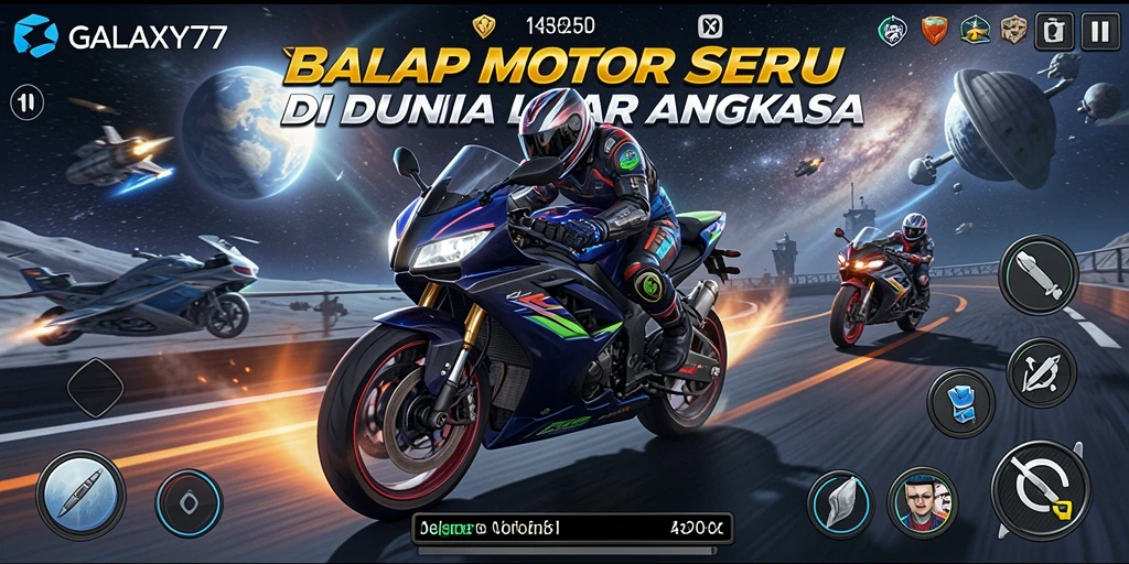 Gameplay balap motor menegangkan dengan latar luar angkasa.