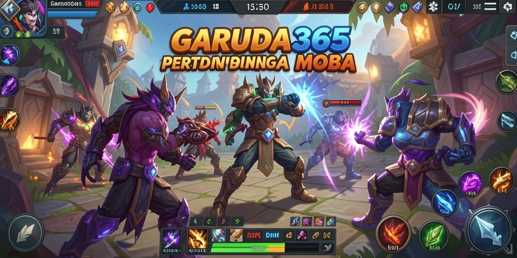 Tampilan gameplay seru dan intens dari GARUDA365 di arena MOBA.