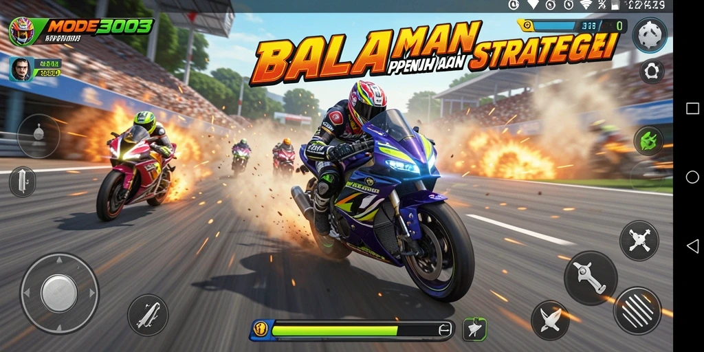 Screenshot utama MODE303 menampilkan aksi balapan motor yang seru dan mendebarkan.