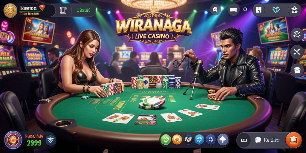 Screenshot gameplay <strong>WIRANAGA</strong> yang menampilkan dealer langsung dan suasana kasino.