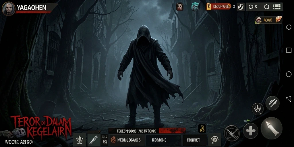 Screenshot gameplay YAGAOHEN menampilkan suasana mencekam dan karakter menyeramkan.